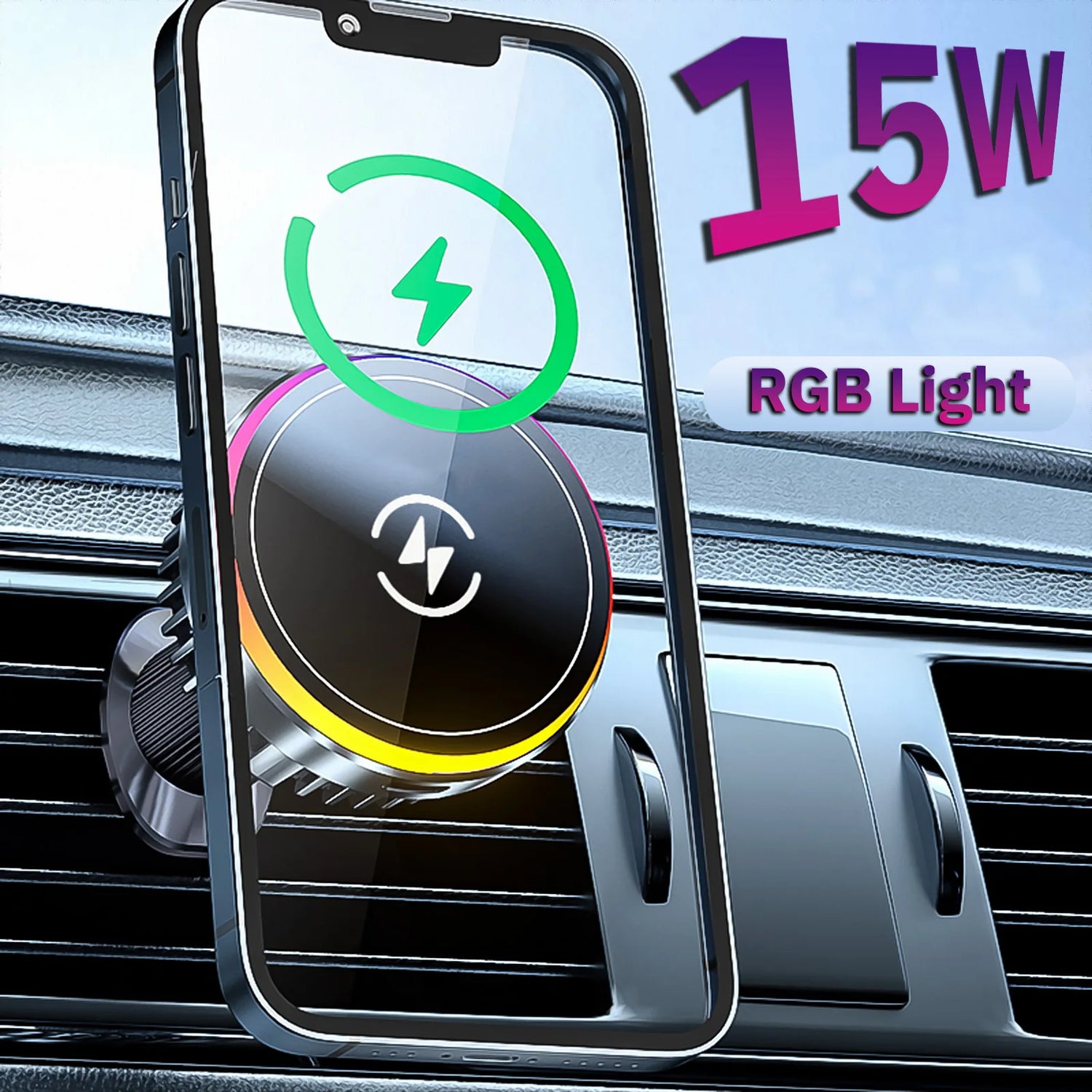 Support voiture magnétique 15W – Chargeur sans fil MagSafe RGB LED