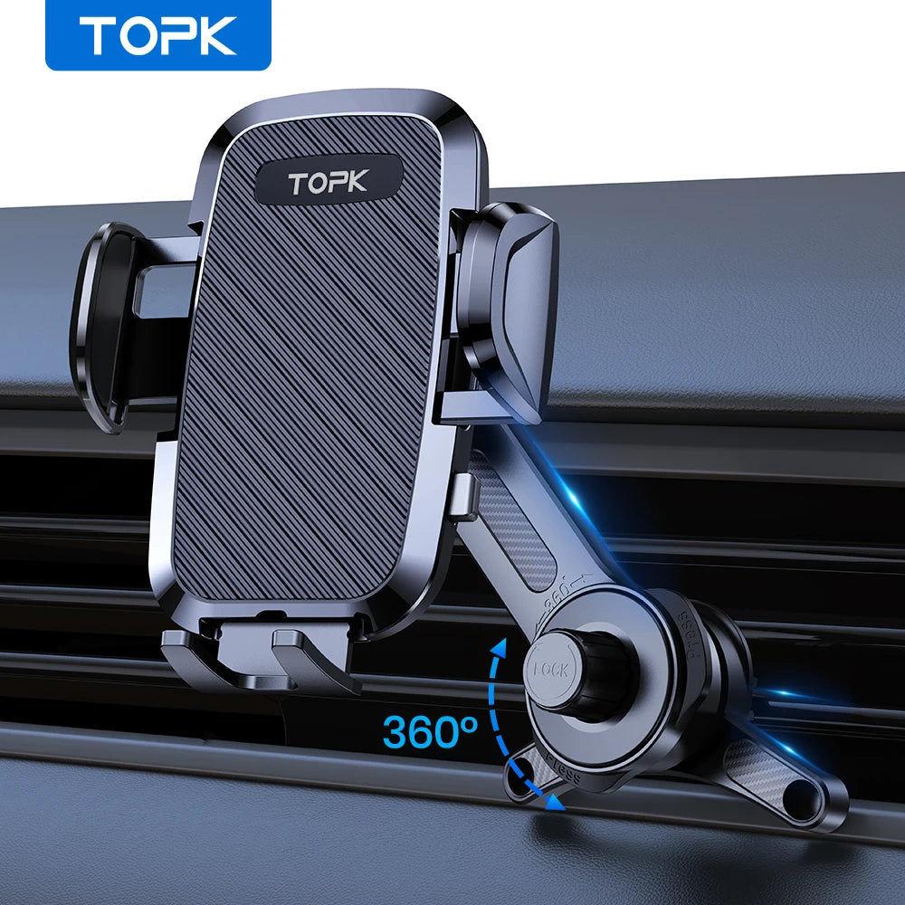 Support Téléphone Voiture TOPK — 3 Points, Rotation 360°, Bras Étendu, Stabilité Supérieure