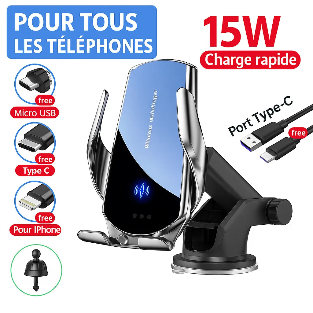 Support voiture 15W – Charge sans fil 3 en 1 avec adaptateurs magnétiques pour iPhone/Samsung